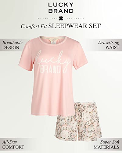 Lucky Brand Women's Pajama Set – Roll Sleeve T-Shirt And Shorts – Sleepwear Set For Women (S-Xl), Size Large, Peach/Parisian #TOP1