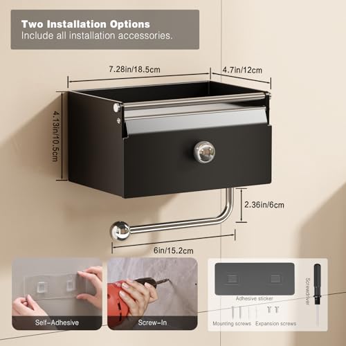 Voldra Toilettenpapierhalter Ohne Bohren, Klopapierhalter Mit Feuchttücherbox Klorollenhalter Kleben Wc Papier Halterung Zum Kleben Wc Rollenhalter Toilet Paper Holder Frontflip Design(Matt Schwarz)
