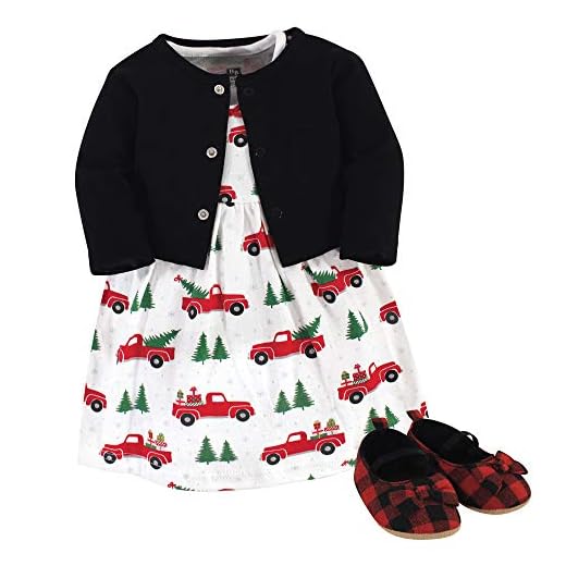Hudson Baby Girls' Cotton Dress, Cardigan and Shoe Set, Christmas Tree, 3-6 Months