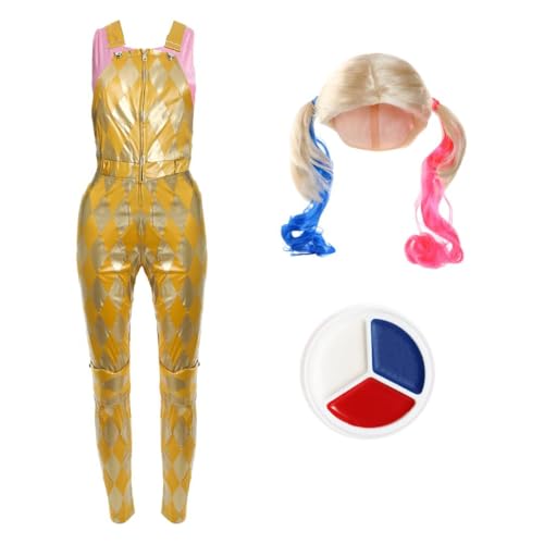 Conjunto de disfraz de asistente de payaso para mujer, talla M, ombliguera rosa, peto dorado, peluca rubia y pintura facial, disfraz de Halloween inspirado en Harley Quinn