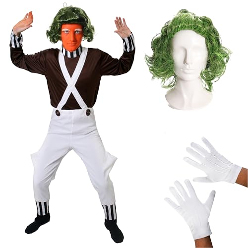 Mens Chocolate Factory Worker Costume - Medium - Brown Top White Dungarees White Gloves and Green Wig - Adults Book Week World Book Day Fancy Dress Costume