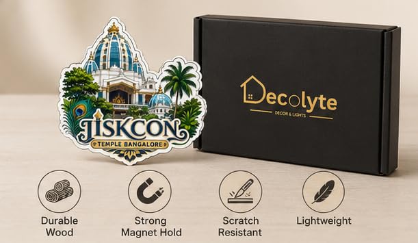 Image of Iskcon Temple Bangalore Theme Wooden Fridge Magnet Souvenir | 3x3 in Kitchen Home Decor Gift