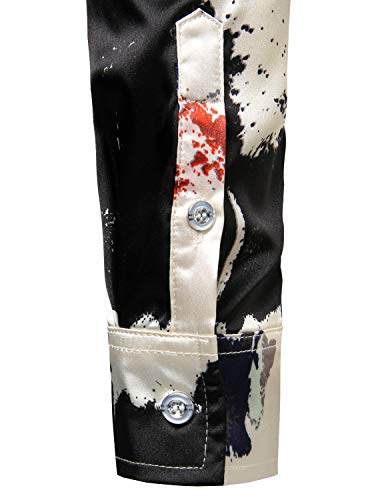 Zeroyaa Men's Hipster Splash Ink Design Silk Like Satin Button Down Dress Shirt For Party Prom Zlcl12-Beige X-Large #TOP5