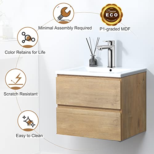 Kswin 24" Wall Mounted Bathroom Vanity With Sink, Modern Floating Bathroom Cabinet With White Integrated Wash Basin #TOP2