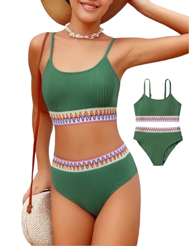 Image of Girls Swimsuit Two Piece Teen Bathing Suit High Waist Textured Bikini Set Woven Girls Swimwear 9-16Y