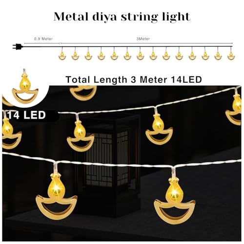 Image of One94Store 14 LED Metal Diya String Lights - 3 Meter Warm White Plug-in Fairy Lights for Diwali, Mandir, Pooja Room, Home, Indoor Outdoor & Festival Decoration