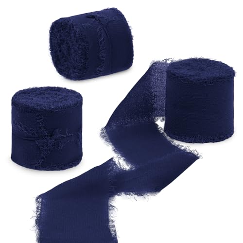Uiopa 3 Rollos Cinta de Gasa, 4cm x 15m Cinta Regalo con Flecos, Cinta Azul Marino Decorativa de Tela para Envolver Regalos, Invitaciones de Boda, Ramo de Flores, Manualidades