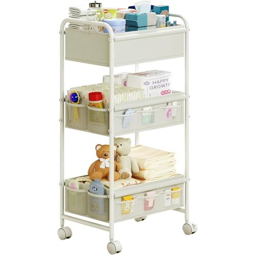 Image of 3-Tier Baby Diaper Caddy Cart Organizer,Mobile Nursery Storage Cart with Wheels,With 2 Dividers & 14 Mesh Pockets Durable Metal Utility Cart for Nursery, Bedroom, Bathroom Essentials Organization