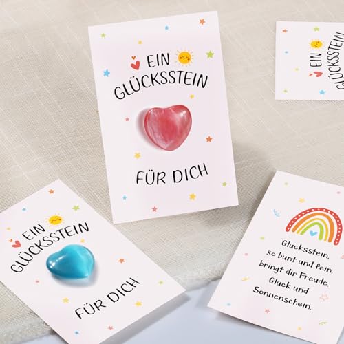 BOFUNX 12 Set Kinder Glücksstein, Bunte Herz Glückssteine + Regenbogen Grußkarten + Organzasäckchen, Kinder Geschenk Glücksbringer Mitgebsel für Geburtstag Party und Abschied