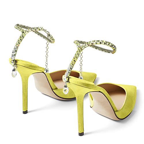Image of LauraVicci Women's Heeled Sandals Crystal Chain Ankle Straps Rhinestones Buckle High Heels Stiletto Slip On Wedding Party Satin Dress Shoes