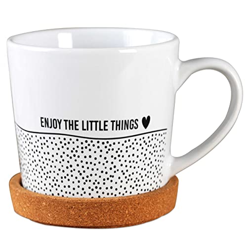 Papierdrachen Hochwertige Tasse aus Keramik mit passendem Kork Untersetzer - Tischdeko - Kaffeetisch - Kaffeetasse - Enjoy the little things - für Kaffee, Tee und mehr