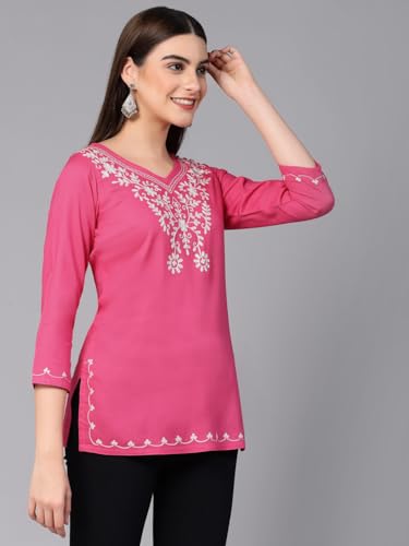 Image of QAZMI Women's Resham Embroidered Kurti |Elegant Design,3 /4 Sleeves, Sweet Heart Neck