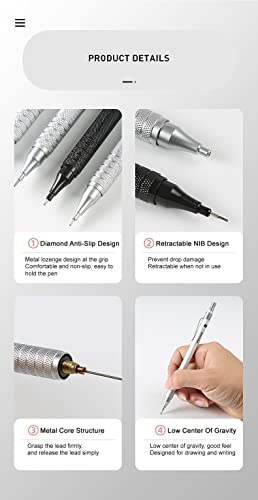 Professional Metal Mechanical Pencil Art Drawing Sketch Design Hb 2B Black Pen Copper Stainless Steel Materials Students School Supplies (Silver 0.5 + Lead) #TOP5