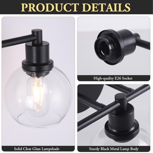 Image of Bathroom Vanity Light 3 Light, Black Bathroom Light Fixtures with Clear Globe Glass Shade, Matted Black Wall Sconce Over Mirror for Kitchen, Living Room