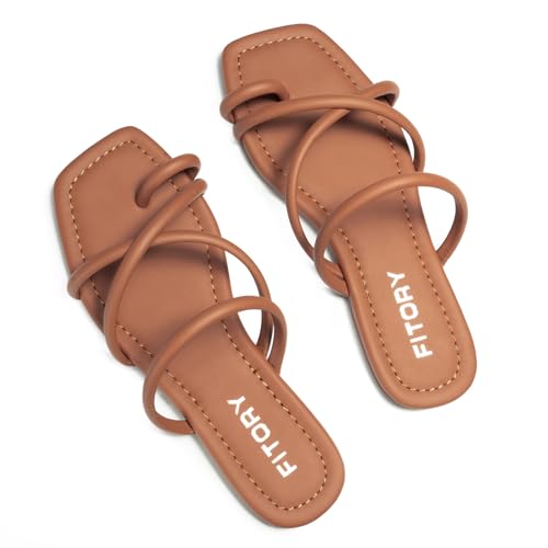 Image of FITORY Women's Slide Sandals Flat Toe Ring Thongs with Cross Strap for Summer Size