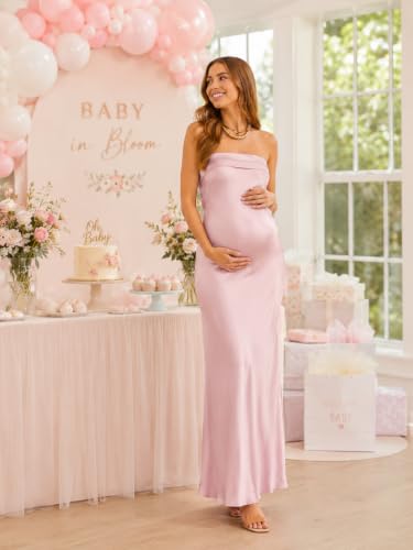 Image of Realtix Summer Satin Strapless Backless Maxi Dress for Women Wedding Guest