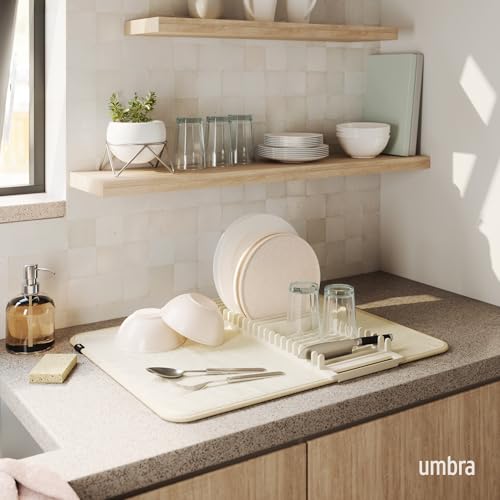 Umbra Udry Dish Rack and Microfiber Drying Mat – Space-Saving Design Folds Up for Easy Storage, Basic Rack, Linen