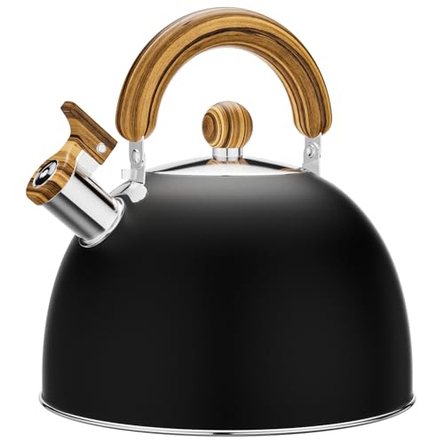 Chefbar 4.2 Quart Tea Kettle Stovetop Whistling for Stove Top Food Grade Stainless Steel Tea Kettles with Cool Wood Pattern Handle Black