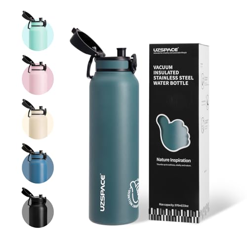 UZSPACE Edelstahl Trinkflasche 1l (970ml) Isolierte Thermosflasche mit 1-Klick-Öffnung 100% Auslaufsicher Sport Wasserflasche für Wandern Sport Fitness Gym Outdoor Waldgrün