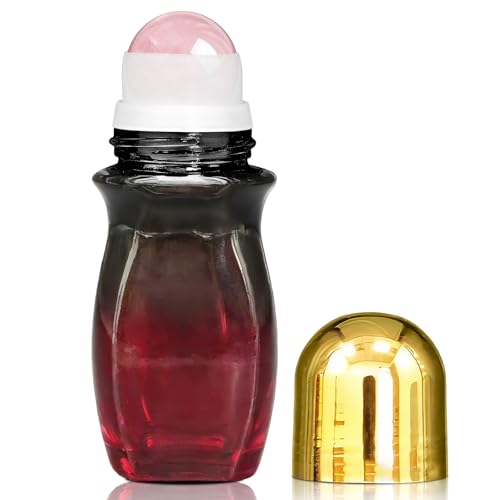 Warmify Rose Quartz Roller Waisted Bottles for Essential Oils 50ml Refillable Amber Glass Roll On Bottles with Natural Crystal Roller Balls Leak-Proof Travel Perfume Bottle with Gold Caps