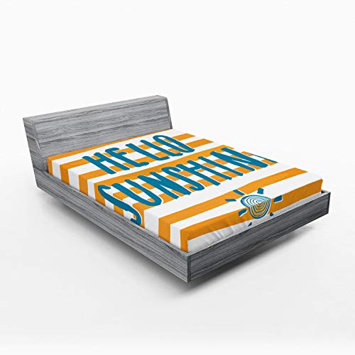 Ambesonne Hello Sunshine 2 Pack Fitted Sheet, Words Stripes, Bed Cover All-Round Elastic Deep Pockets 2 Pieces, Package Contains 2 Full Size Fitted Sheets, Petrol Blue Pale Orange