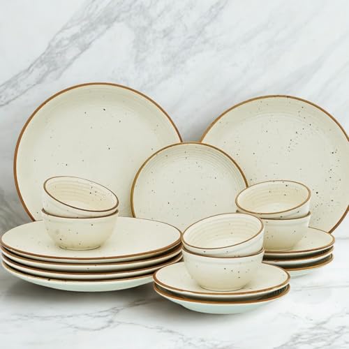 Image of KITDECO Ceramic Dinner Set 18 Pieces | Stoneware Dinnerware with 6 Dinner Plates, 6 Quarter Plates & 6 Bowls | Rustic Speckled Design, Ivory with Brown Rim