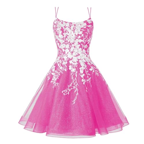 CWOAPO Sparkly Lace Applique Homecoming Dresses for Teens Short Corset Tulle Spaghetti Strap Prom Cocktail Party Dress