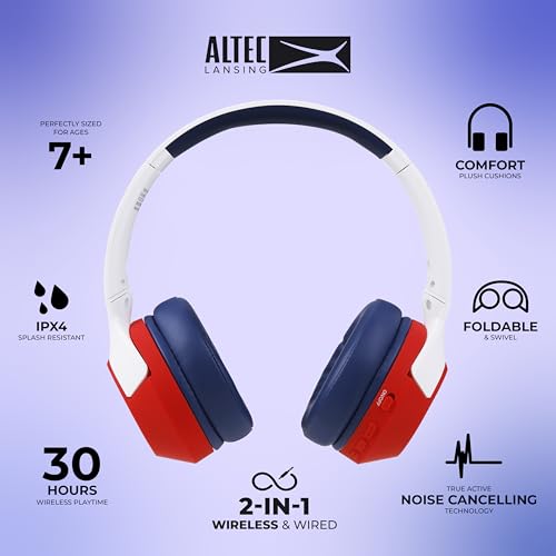 Image of Altec Lansing Kid Safe Noise Cancelling Wireless Headphones 15H Battery, 85dB Volume Limit, Foldable Design Powerful Sound, Active Noise Cancellation Perfect for Kids Ages 7+