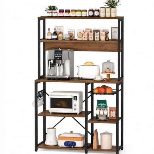 Image of 5-Tier Kitchen Storage Rack | Microwave Stand with Organizer | Kitchen Shelf Unit | Coffee Bar Organizer | Heavy Duty Metal & Wood Cabinet | Rustic Brown | 90x40x150 cm