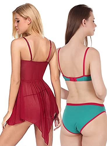Image of Love Maker Lace Net Stylish Women Nightwear with Cotton Bra Panty Set for Women, Non Padded Bra Panty Set for Women & Night Wear Honeymoon Nighty for Women.
