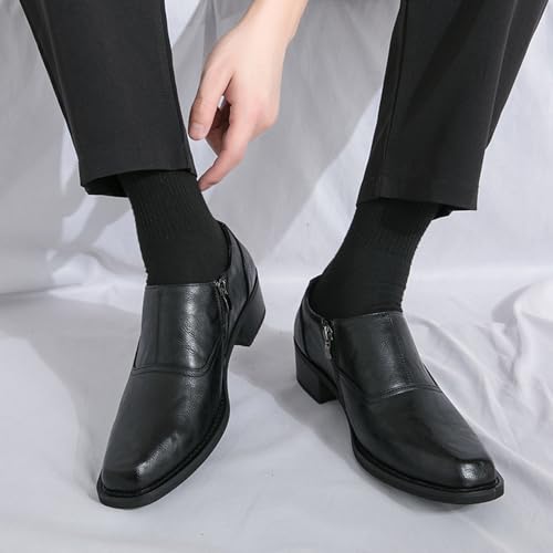 Men's Leather Chunky Heel Dress Loafers with Side Zipper Fashion High Heel Slip On Oxford Shoes Casual Business Office Wedding Formal Shoes 5