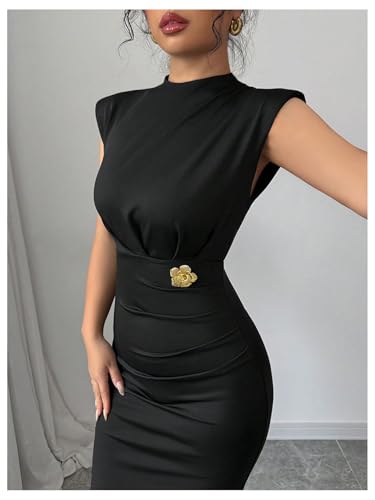 SOLY HUX Women's Elegant Mock Neck Sleeveless Bodycon Midi Dress 3D Floral Business Work Dresses4