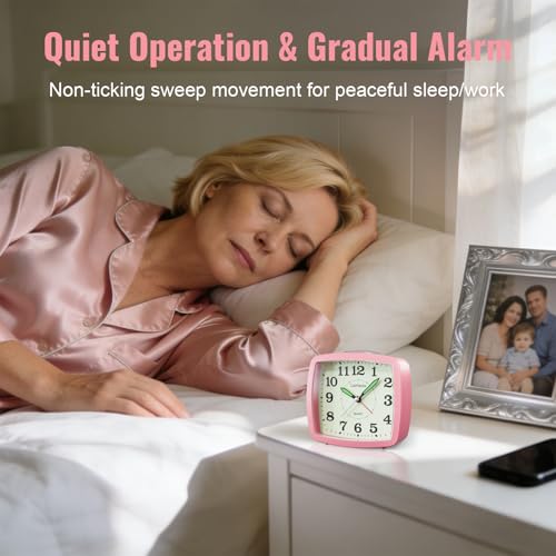 Image of Lamisola Analog Travel Alarm Clock for Bedroom, Small Desk Clock, Pink | Retro Battery Clock for Bathroom Shelf Table Bedside, Night Light Silent Snooze Clear Display for Kids Teens Girls