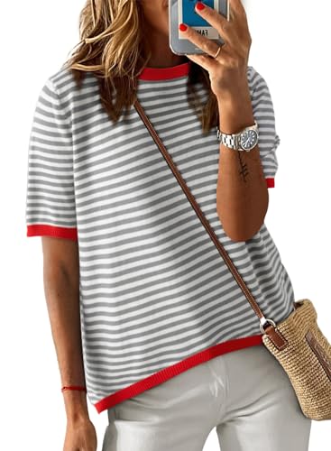 Image of Dokotoo Womens Tops 2026 Casual Summer Crewneck Short Sleeve Striped Color Block Knit High Low Trendy Pullover Sweaters