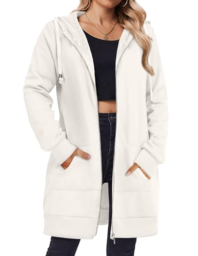 Zeagoo Womens Hoodies Zip Up Midi Length Tunic Sweatshirts Longline Casual Fall Sweatshirts Fleece Hooded Jackets White 3x-Large
