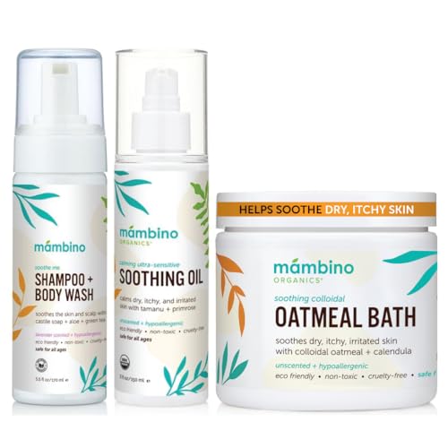 Image of Mambino Organics Soothing Bath Set, Organic Oatmeal Bath Soak, Soothe Me Shampoo & Body Wash, and Calming Oil, Gentle for Sensitive Skin, Vegan, Baby Bath Essentials, 3-Pack, 5.5 oz Each