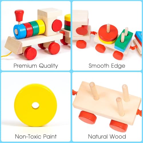 Image of SHINETOY Wooden Railway Train Toddler Toy, Rail Wooden Blocks for 1-3 Year Old Boys Girls, Montessori Sorting Stacking, Preschool Educational Toy for Kids