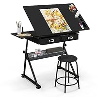 FANTASK Zeichentisch höhenverstellbar mit Hocker, Architektentisch mit neigbarer Tischplatte und 2 Schubladen, Schreibtisch für Architekt & Künstler (Schwarz)