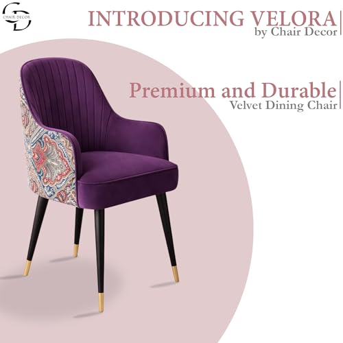 Image of Velvet Accent Chair | Modern Upholstered Dining Chair for Living Room, Office, Lounge & Vanity | Sturdy & Stylish Armchair (Floral, Purple)