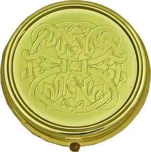 Gold Tone Round Pill Box - Floral Knot Pattern