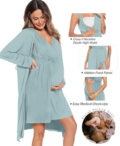 Image of SWOMOG Women Maternity Nursing Gown and Robe Set 3 in 1 Labor Delivery Nursing Nightgown for Breastfeeding Hospital Bathrobe