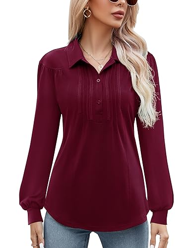 Womens Button Down Collared Polo Shirts Long Sleeve Fall Tops Loose Casual Tunic Blouses Wine Red XL