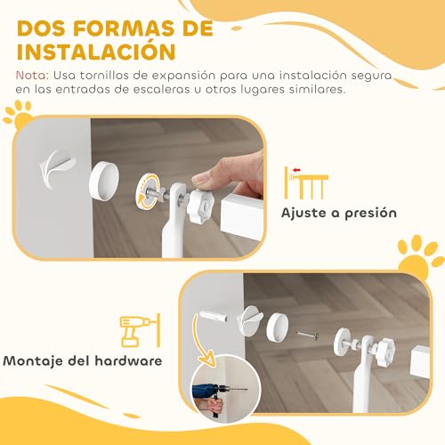 PawHut Sicherheitsgitter für Hunde und Katzen, extra hoch, 180 cm, ausziehbar, 76-104 cm, Abstand 3,5 cm, für Türen und Treppen, mit Druckmontage, 2 Verlängerungen, Weiß