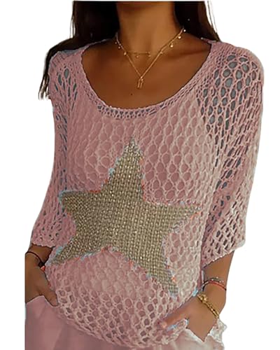Image of CORIRESHA Women's Summer Star Crochet Sweater Scoop Neck 3 /4 Sleeves Hollow Out Knit Beach Cover Up