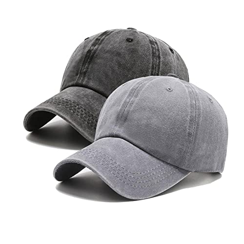 NPJY 2 Packs Vintage Washed Distressed Cotton Dad Hat Baseball Cap Adjustable Trucker Unisex Hats Black+Grey
