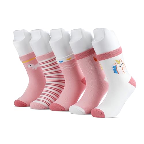 Image of Pink Socks for Girls, Calf length, Soft Pure Cotton, Lightweight & Breathable, 1 to 9 Years, Pack of 5, Designer socks, Gift Option