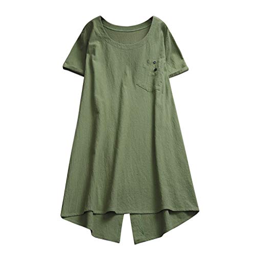 DressLksnf Camiseta Talla Grande Moda para Mujer Tops de Lino Camisa Irregular Cómodo Camisero Color Puro Cuello Redondo Top con Bolsillo Básico Suelto con Volante Blusa Elegante