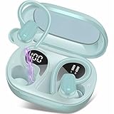 Wireless Earbuds, Headphones Sport Bluetooth 5.4, Over Ear Buds with ENC Noise Canceling Mic, Deep Bass Stereo Earphones with Hook, 50H, LED Display, IP7 Ear Buds for Workout Running, Light Green
