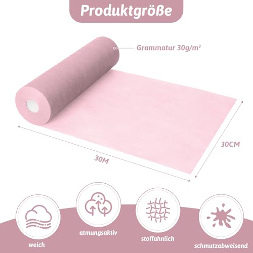 MOKANI Vlies Tischläufer 30m x 30cm, Tischband Hellrosa,Tischläufer Einweg Papier Rolle, Tischdeko Partydeko für Kommunion, Weihnachten, Party, Geburtstag, Hochzeit, Festliche Dekoration
