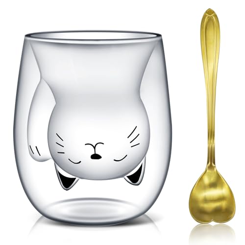 Afitdon Graziosa tazza per gatti a doppia parete, con motivi di gatto con cucchiaio, regalo per gli amanti dei gatti, 280 ml, per cappuccino, latte macchiato, tè, gelato e latte (gatto felice)